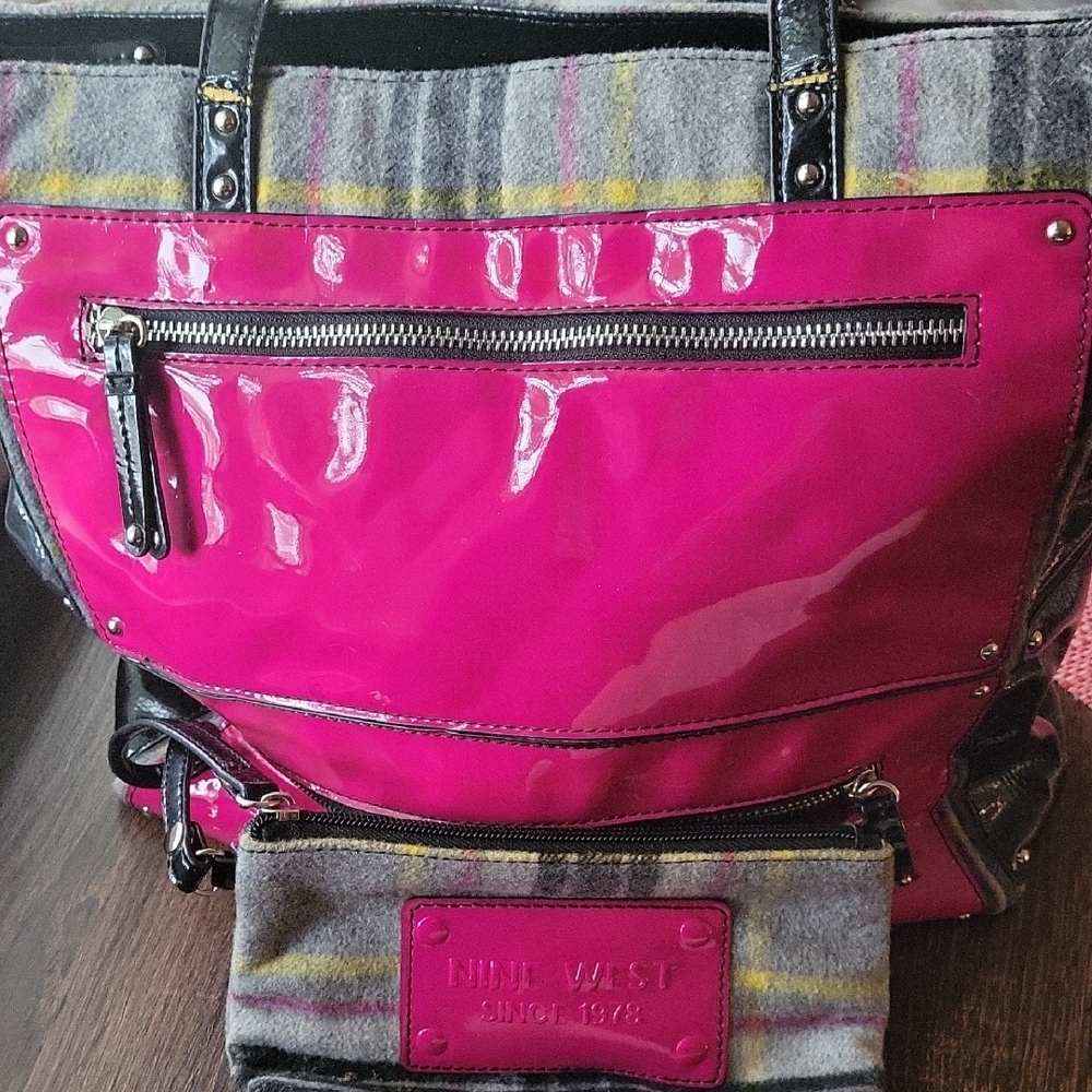 Plaid Tote Bag with Pink Accents